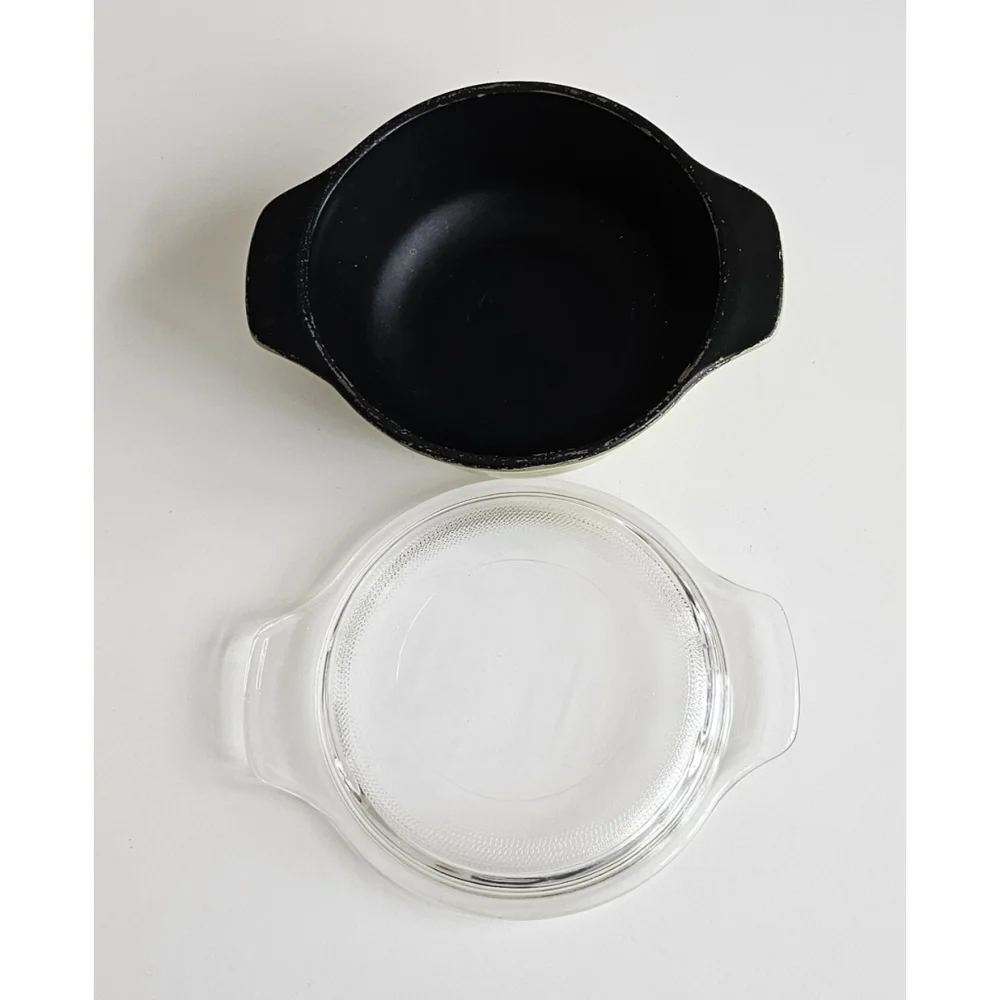 Vintage Anchor Hocking Fire-King 12 oz Olive Green Teflon Ovenware Dish w/ Glass